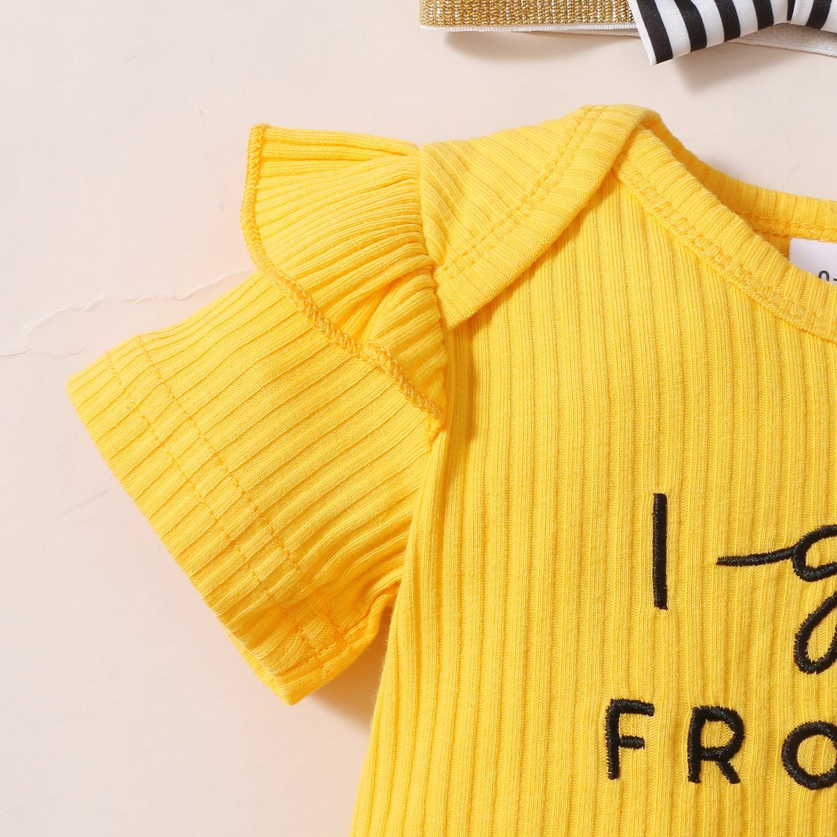 Baby Girls Letter Print Short Sleeves Ribbed Bodysuit With Striped Shorts