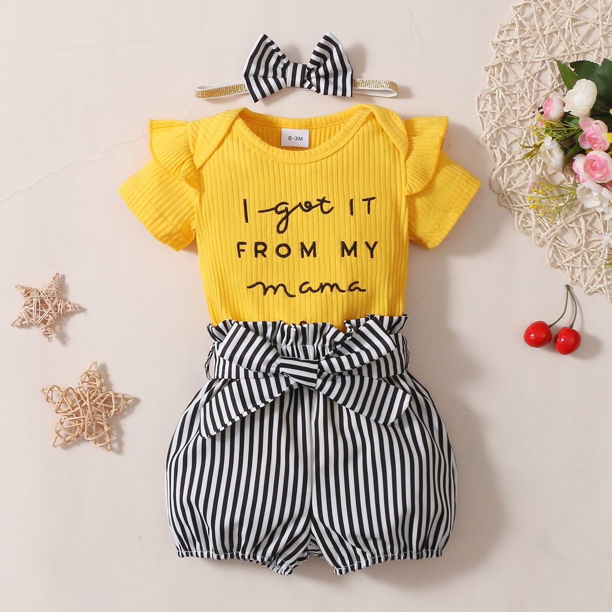 Baby Girls Letter Print Short Sleeves Ribbed Bodysuit With Striped Shorts