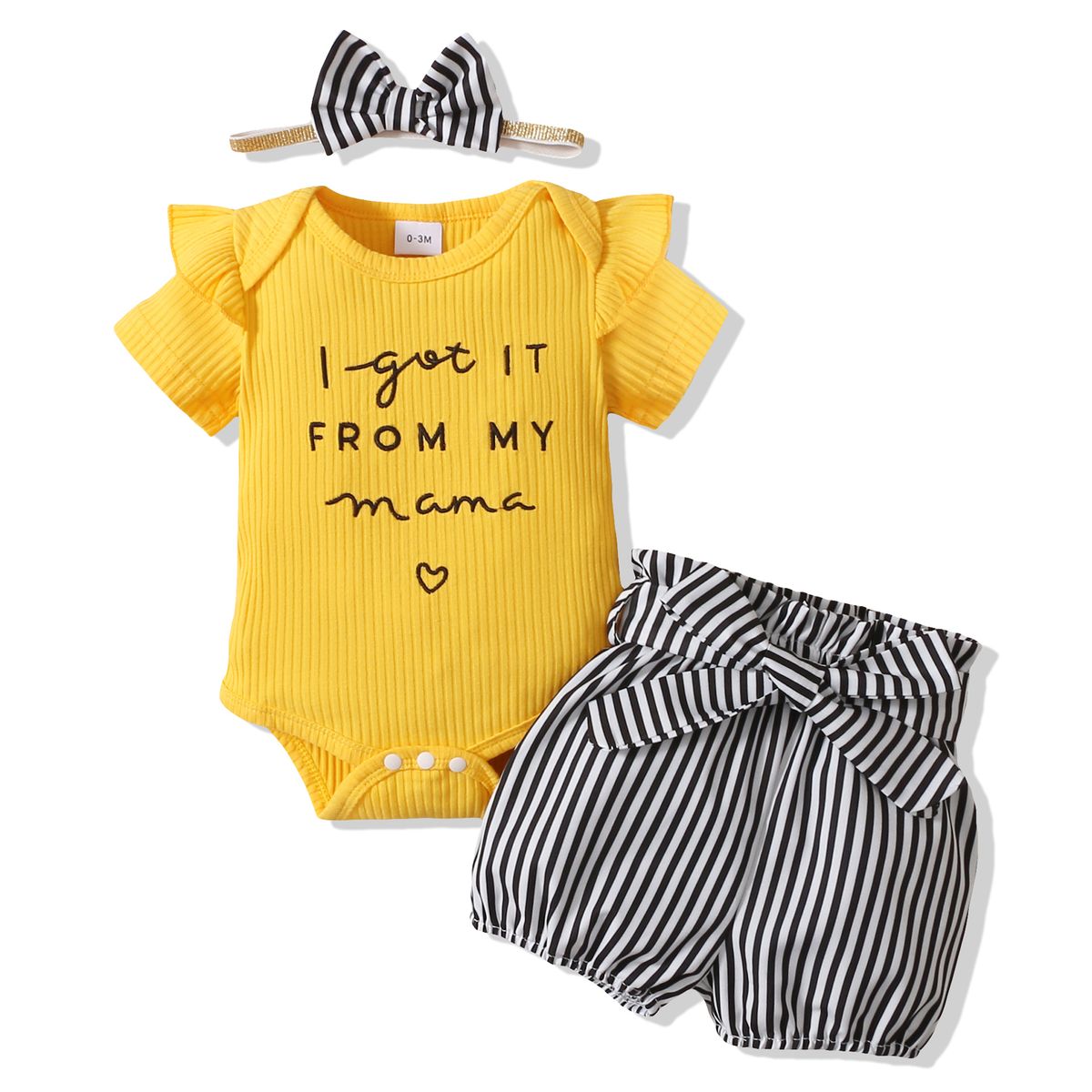 Baby Girls Letter Print Short Sleeves Ribbed Bodysuit With Striped Shorts