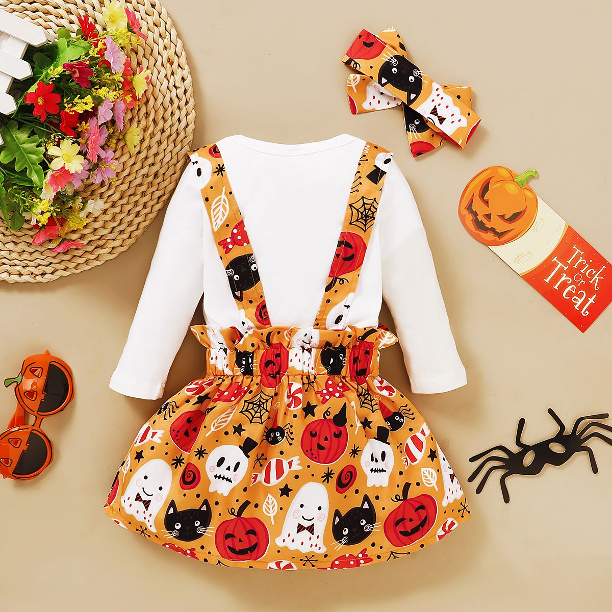 Newborn Baby Girl Halloween Bodysuit+ Pumpkin Printed Skirt