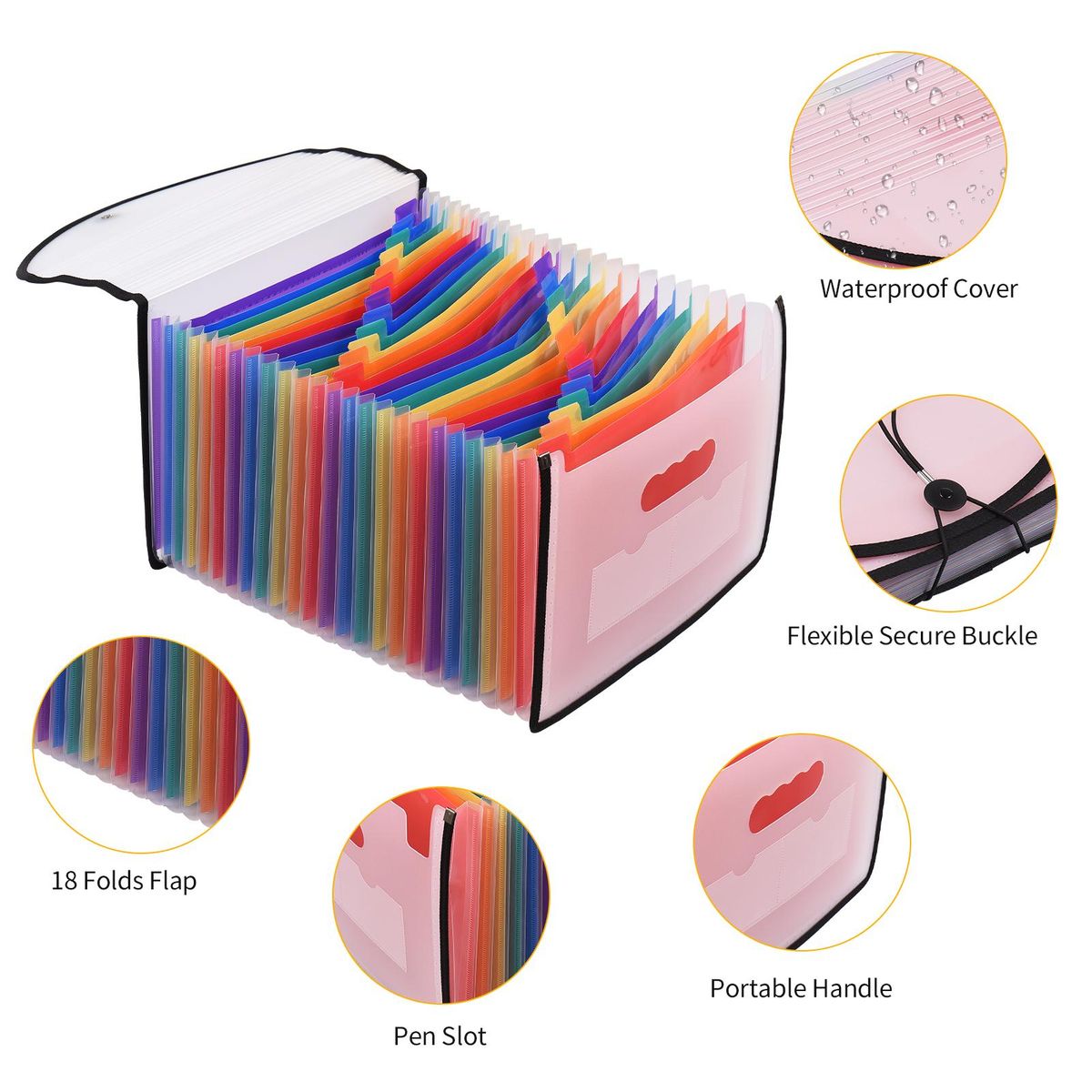 Accordian File Folder Organizer 24 Pockets Expanding File Bags with Cover A4 Letter Size Document Organizer Rainbow Color for Home Office School