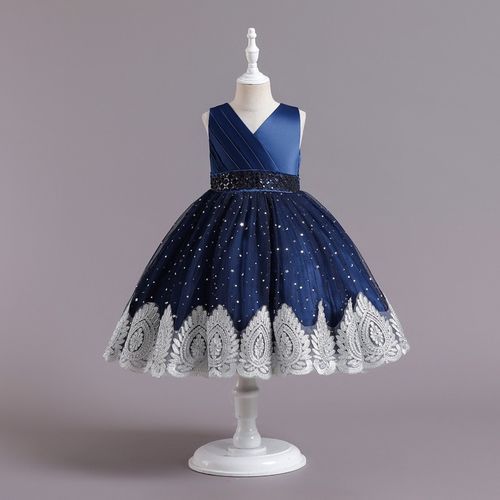 GIRL EMBROIDERY BALL GOWN - NAVY BLUE - G355