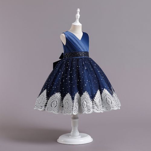 GIRL EMBROIDERY BALL GOWN - NAVY BLUE - G355