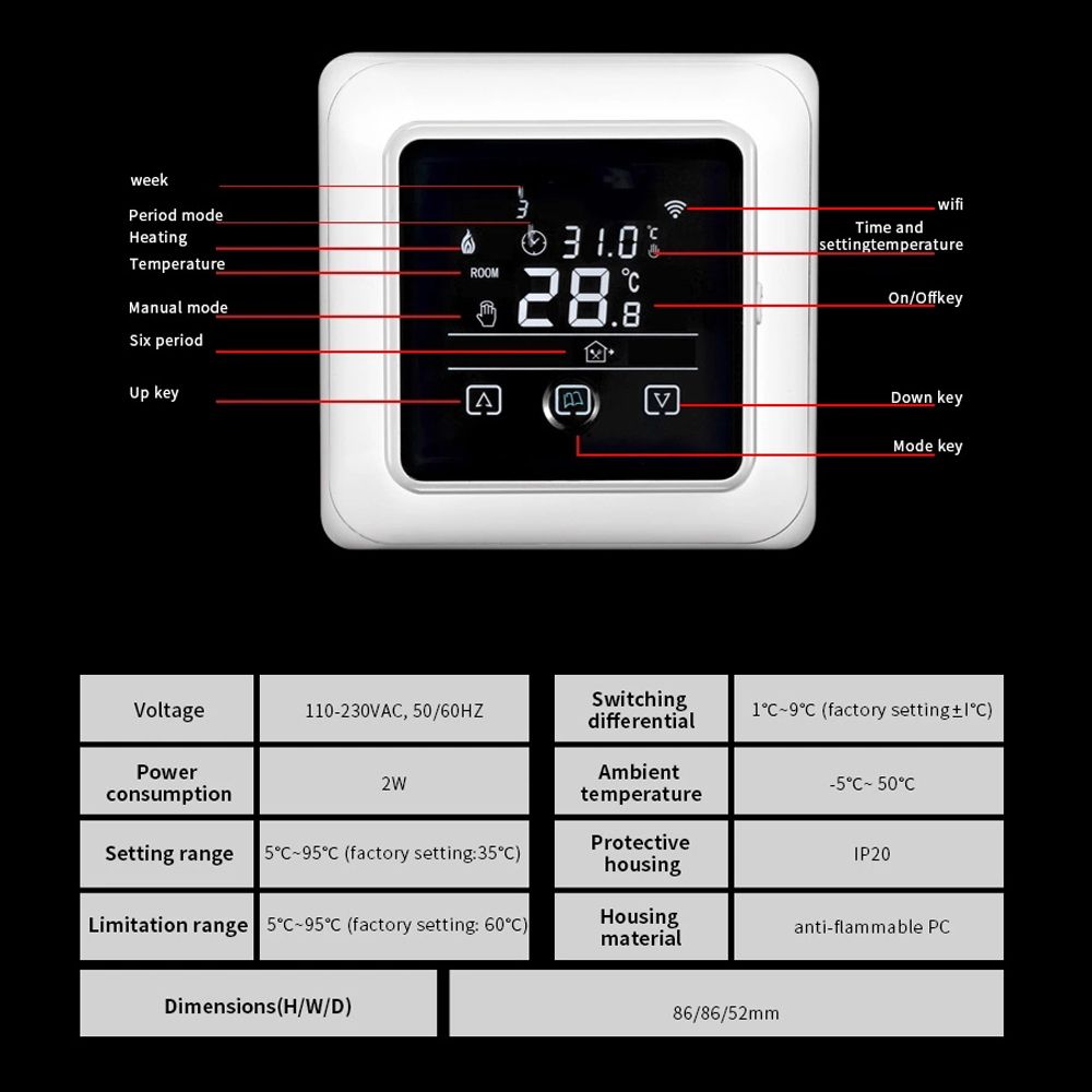 16A Household Programmable Thermostat With WIFI Electric