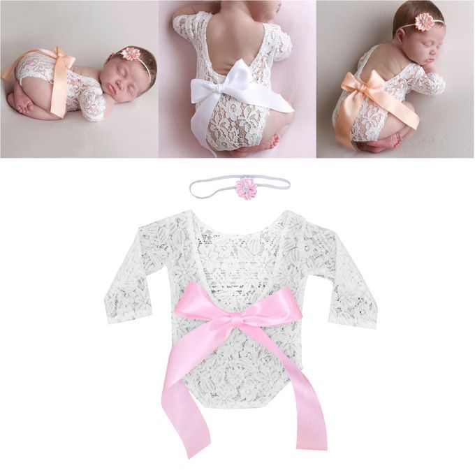 1 Set Newborn Girl Photo Shoot Clothes Lace Romper Bodysuit Big Pink