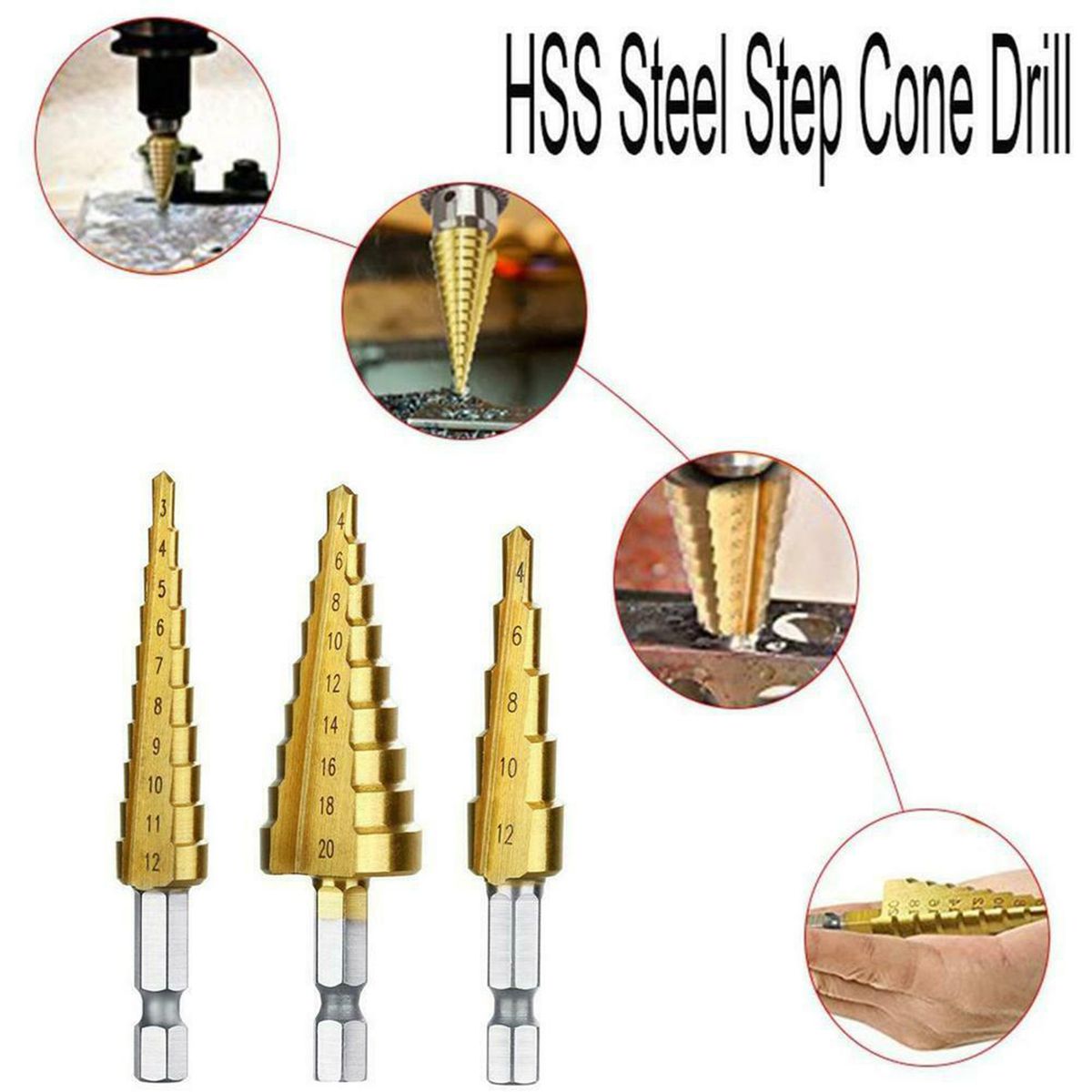 3Pcs/Set Hexagonal Shank High-speed Steel Step Cone Dril