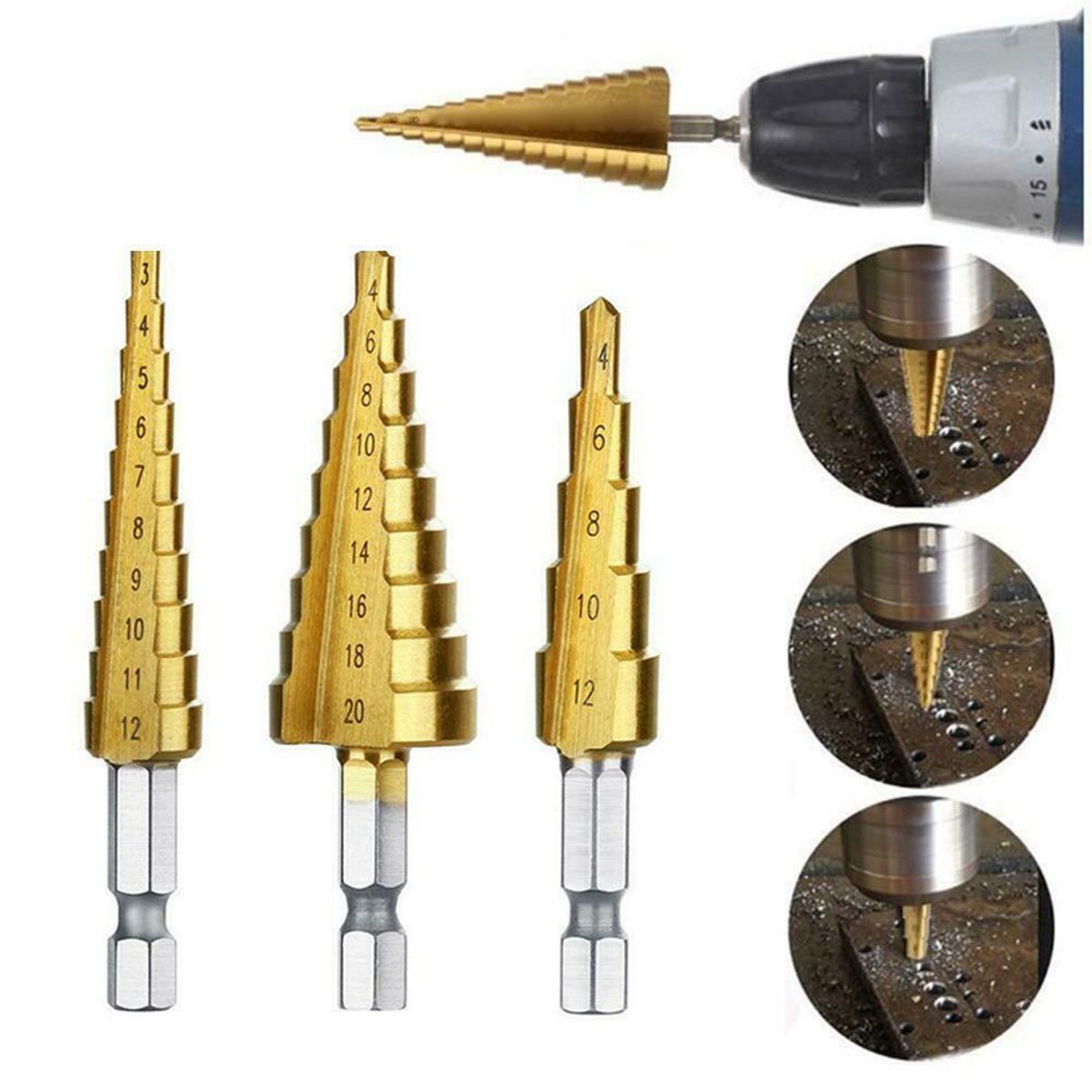3Pcs/Set Hexagonal Shank High-speed Steel Step Cone Dril