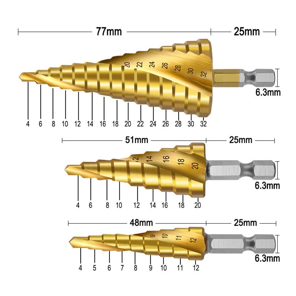 3 Pieces Spiral Groove Step Drill Set Made Of Hss