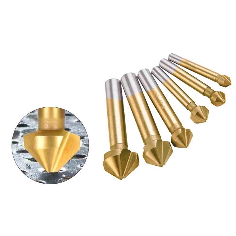 6 Pcs 90 Degree 3 Flute Titanium Coating Chamfering Cutter Drill Bits Chamfer Countersink Bits Set for Sink Holes Stainless Steel Copper Metals Gold