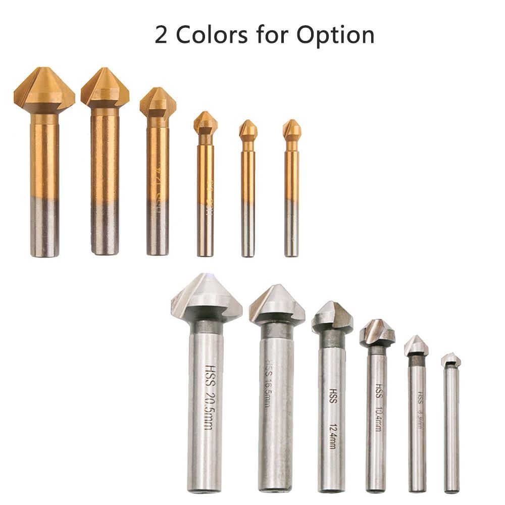 6 Pcs 90 Degree 3 Flute Titanium Coating Chamfering Cutter Drill Bits Chamfer Countersink Bits Set for Sink Holes Stainless Steel Copper Metals Gold
