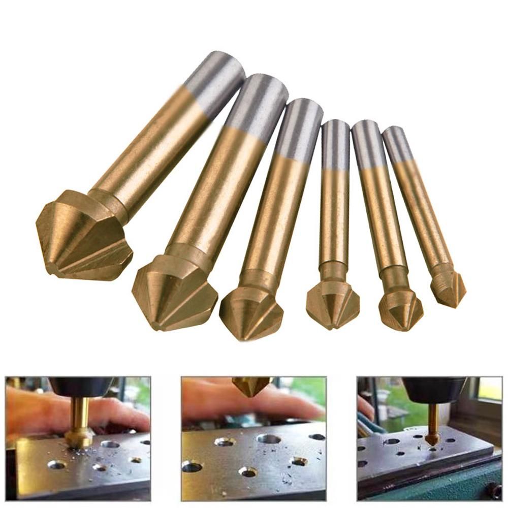 6 Pcs 90 Degree 3 Flute Titanium Coating Chamfering Cutter Drill Bits Chamfer Countersink Bits Set for Sink Holes Stainless Steel Copper Metals Gold