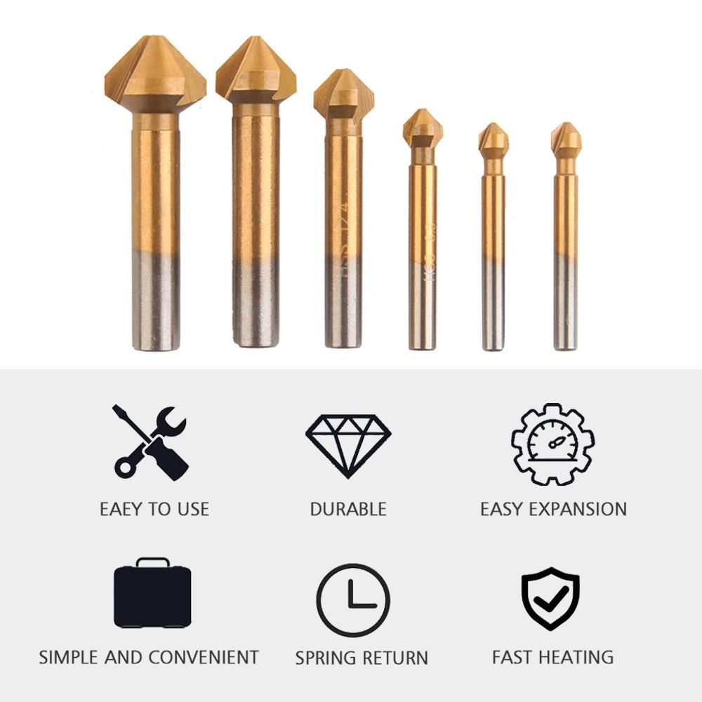 6 Pcs 90 Degree 3 Flute Titanium Coating Chamfering Cutter Drill Bits Chamfer Countersink Bits Set for Sink Holes Stainless Steel Copper Metals Gold