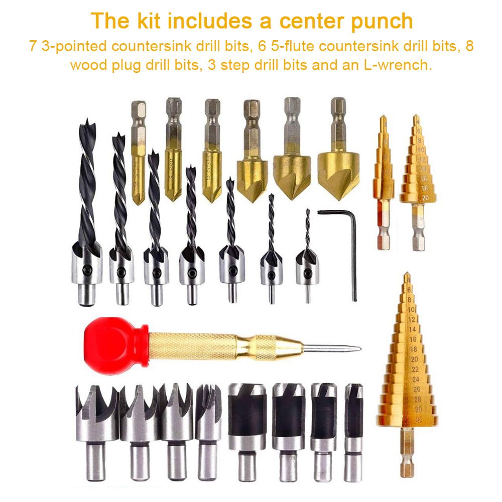 26pcs Woodworking Chamfer Drilling Tool Countersink Drill