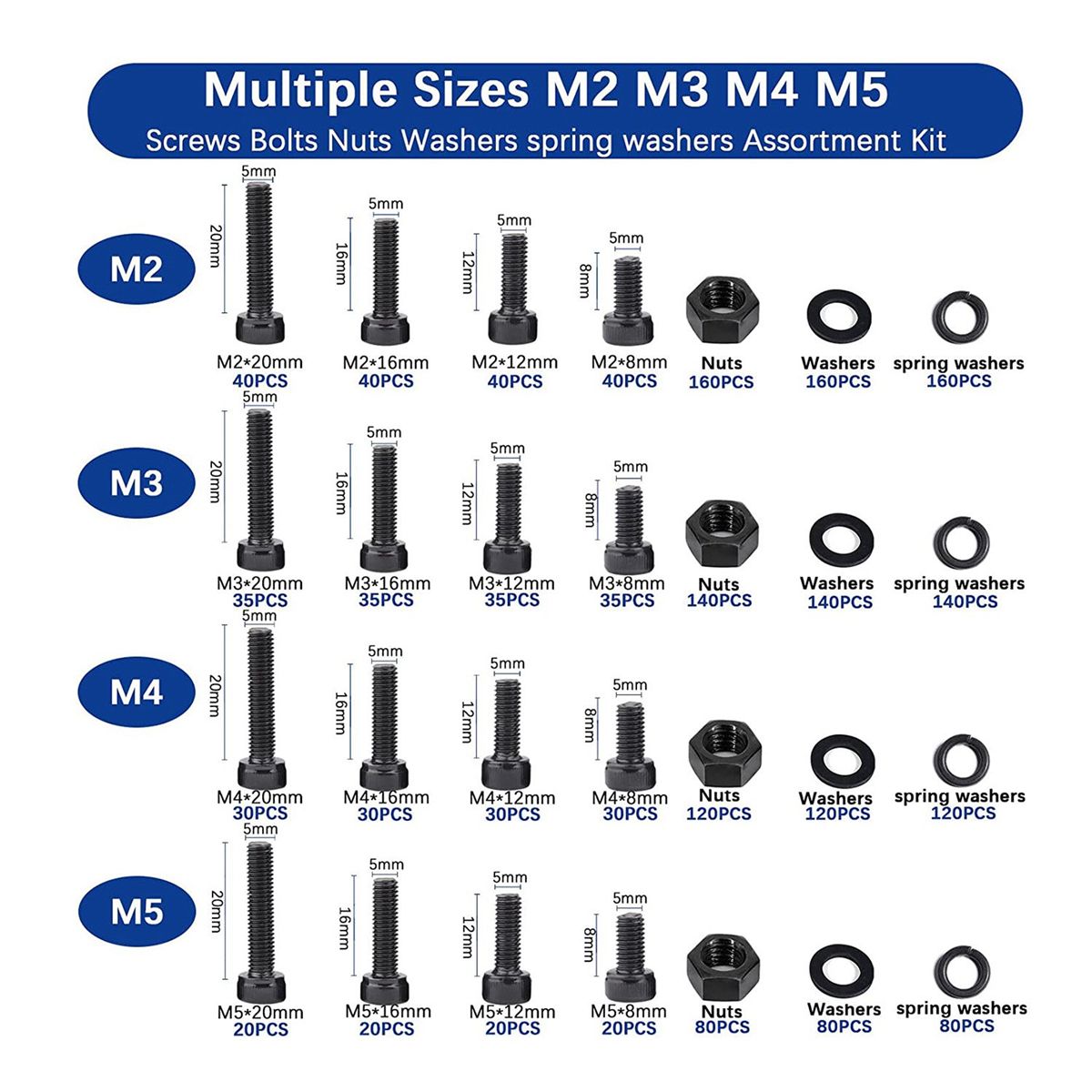 2000PCS Metric Hex Socket Head Cap Bolts Screws Nuts and Washers Kit, Hex Socket Head Cap Machine Screws