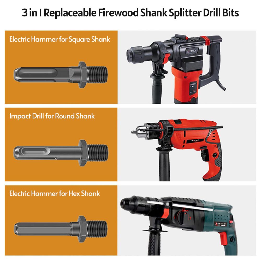 Firewood Drill Bit 3pcs Replaceable Shank Square Round Hex