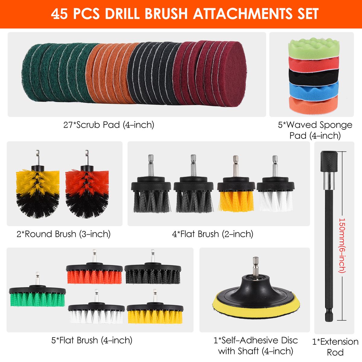 45 PCS Drill Brush Attachments Set Includes Scrub Pads