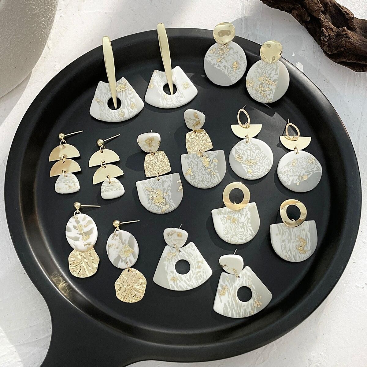 AENSOA Handmade White Marble Textured Polymer Clay Earrings for Women Gold Color Metal Geometric Clay Drop Earrings Jewelry 2022