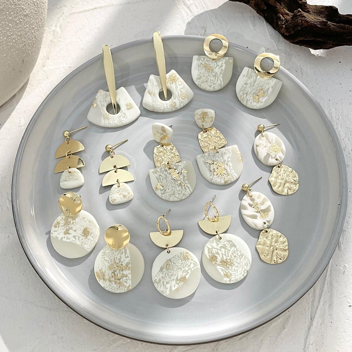 AENSOA Handmade White Marble Textured Polymer Clay Earrings for Women Gold Color Metal Geometric Clay Drop Earrings Jewelry 2022