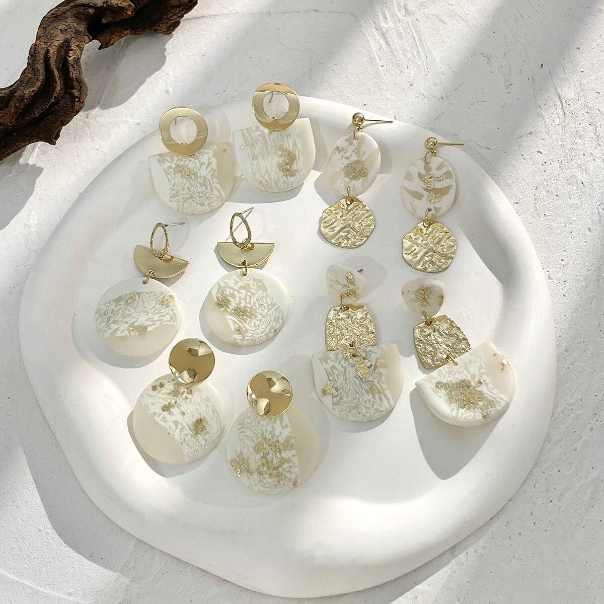 AENSOA Handmade White Marble Textured Polymer Clay Earrings for Women Gold Color Metal Geometric Clay Drop Earrings Jewelry 2022