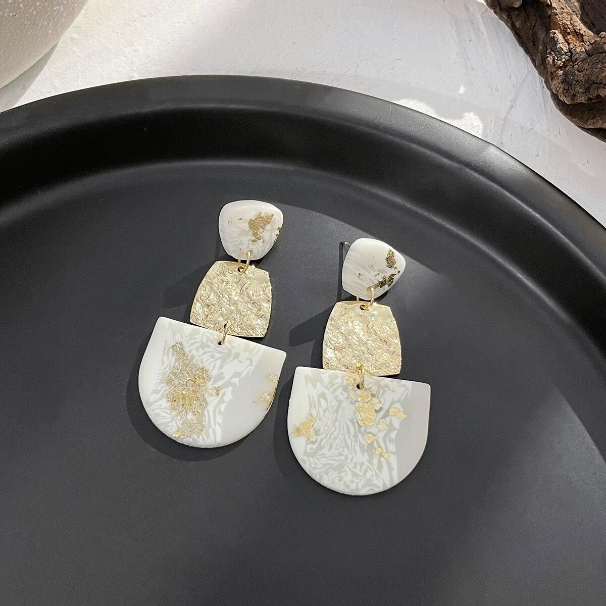 AENSOA Handmade White Marble Textured Polymer Clay Earrings for Women Gold Color Metal Geometric Clay Drop Earrings Jewelry 2022