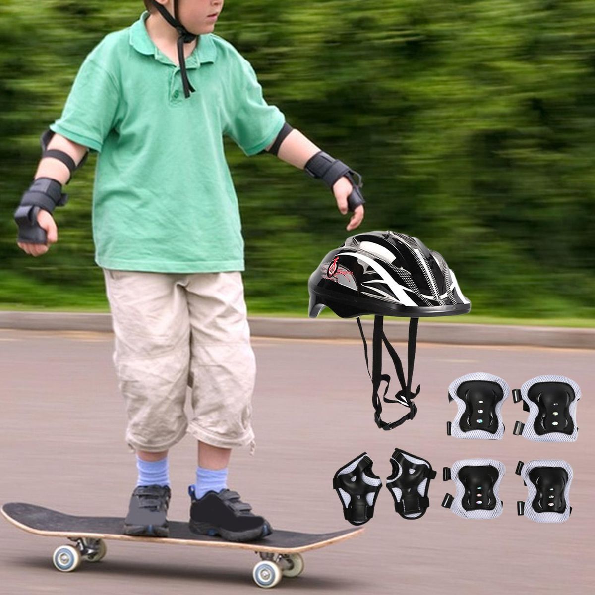 1 Set Skating Protective Gear Kids Sports Knee Hand Elbow Guards Set Black