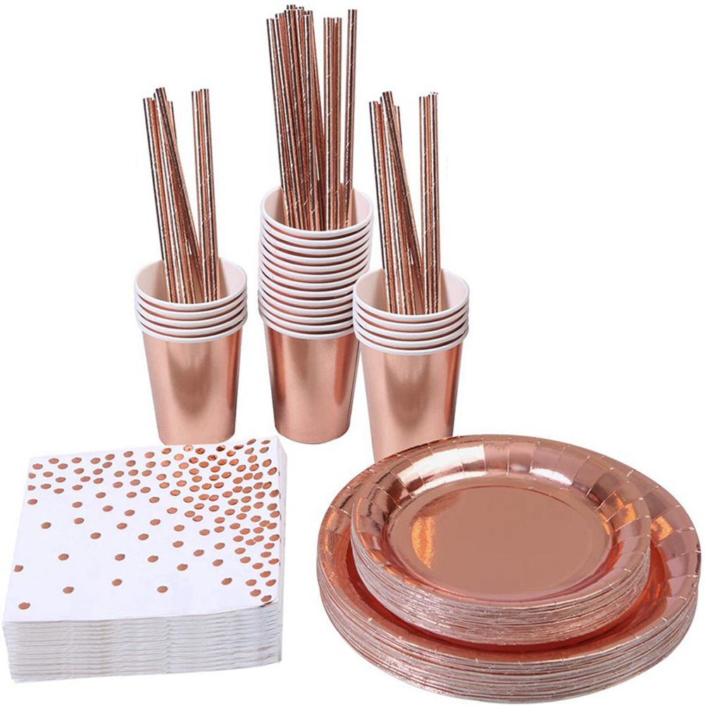 146pcs Rose Golden Paper Cups Plates Straws Set Tableware