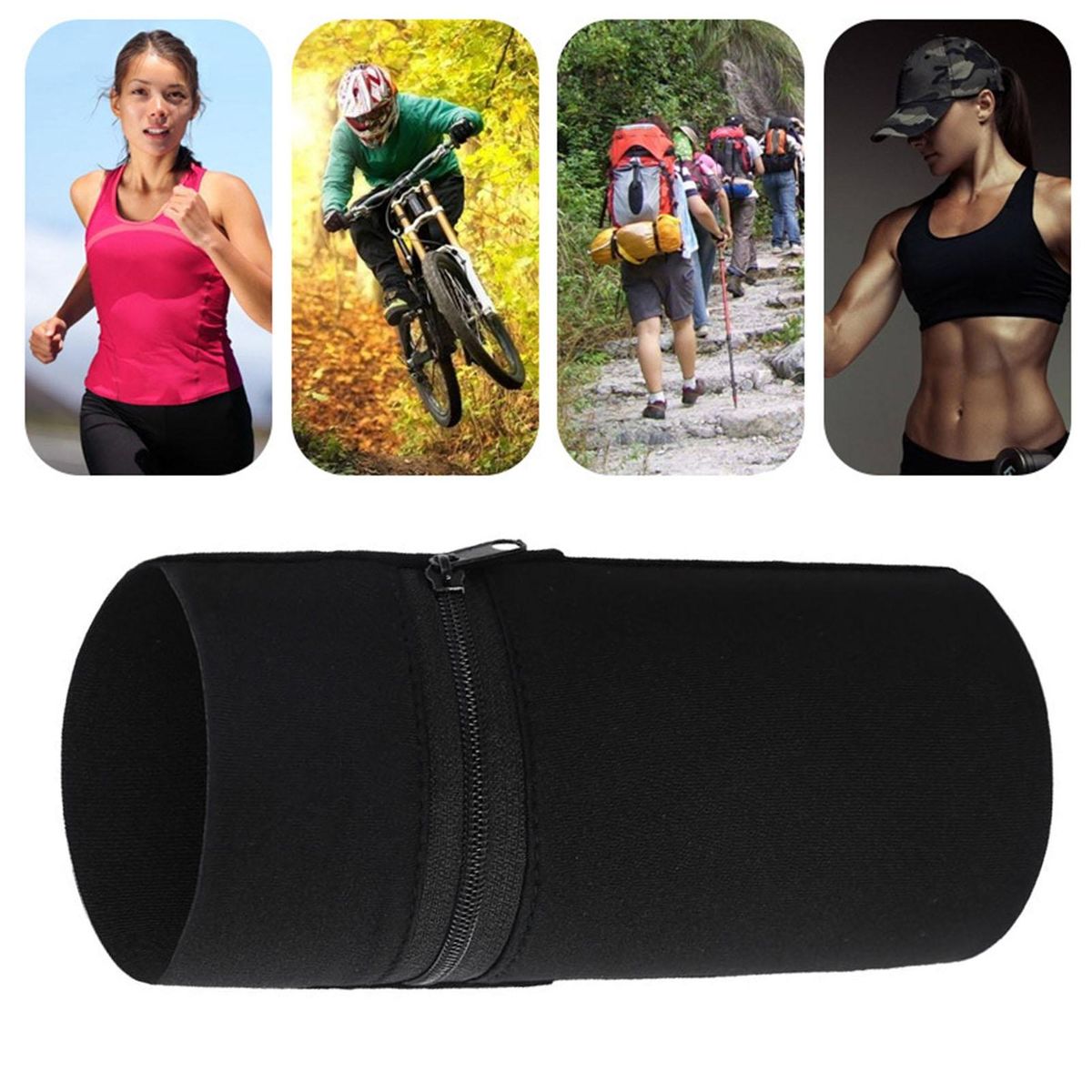Running Sweatband Pouch Zipper Wrist Wallet Fitness Sweatband Black