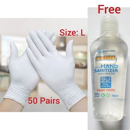 100 Pieces Disposable Latex Examination Hand Glove + Free 70% Alcohol Anti Bacterial Sanigel Hand Sanitizer 70ML
