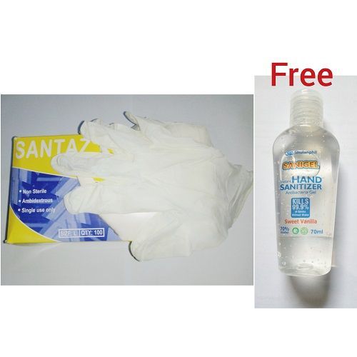 100 Pieces Disposable Latex Examination Hand Glove + Free 70% Alcohol Anti Bacterial Sanigel Hand Sanitizer 70ML