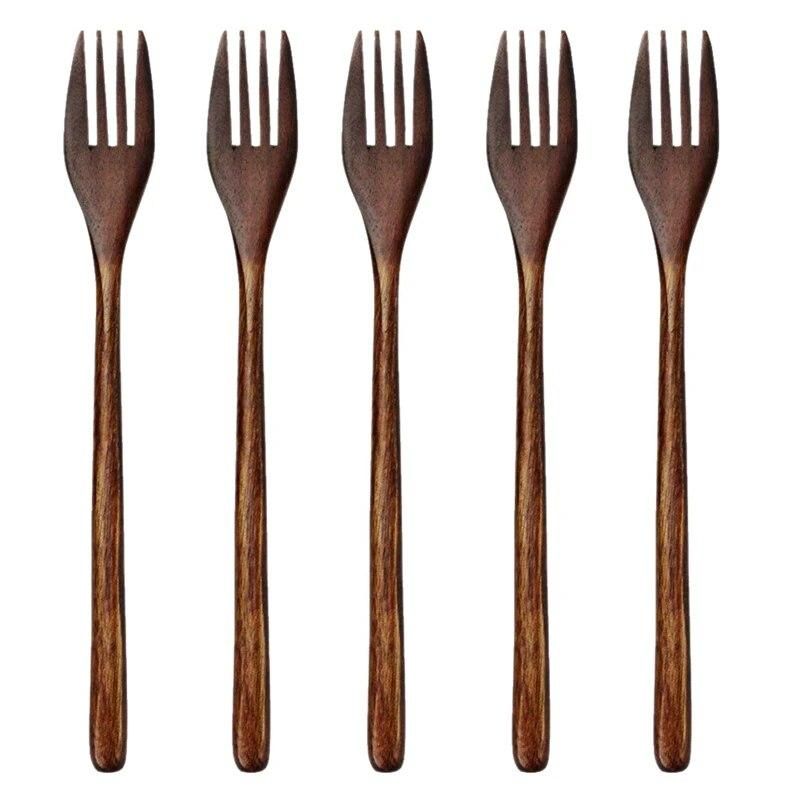 Wooden Forks, 5 Pieces Eco-friendly Japanese Wood Salad Dinner Fork Tableware Dinnerware for Kids Adult (5 Pieces No Rope Wooden