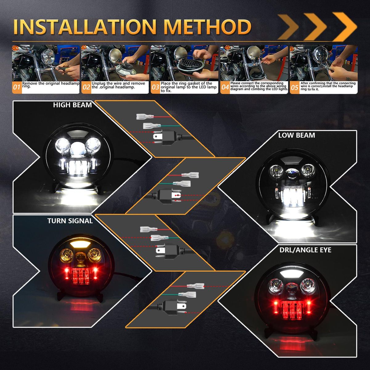 2Pcs 7 inch Car Motorcycle LED Headlight with DRL/Turn Signal/Low Beam/High Beam 7'' Round LED Headlight IP67 Waterproof