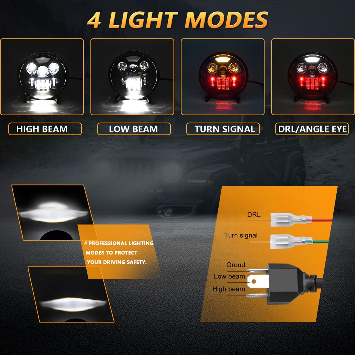 2Pcs 7 inch Car Motorcycle LED Headlight with DRL/Turn Signal/Low Beam/High Beam 7'' Round LED Headlight IP67 Waterproof