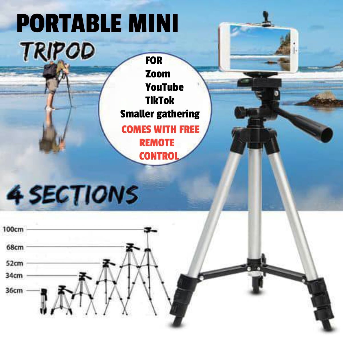 Lightweight Portable Tripod Stand With Remote Control -sliver