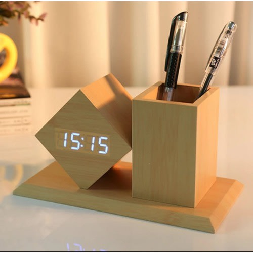 Wooden Digital Alarm Clock With Pen Holder