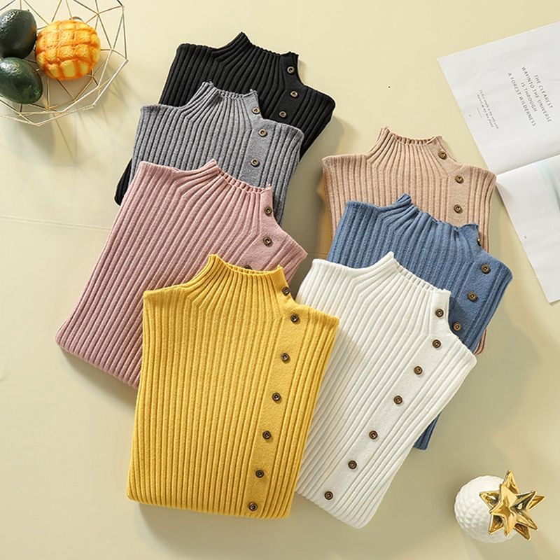 Turtleneck Slim Fit Button Decor Pullover Knitwear Autumn Winter Women Turtle Neck Knit Sweater Casual Long Sleeve Jumper Tops(#Pink)