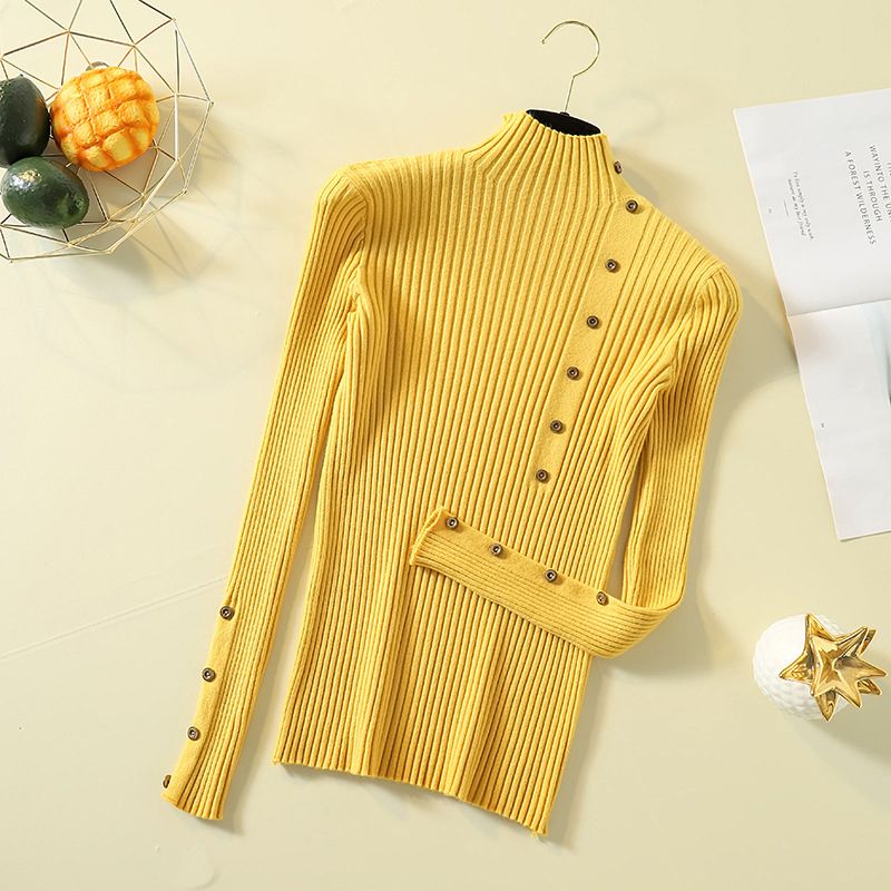 Turtleneck Slim Fit Button Decor Pullover Knitwear Autumn Winter Women Turtle Neck Knit Sweater Casual Long Sleeve Jumper Tops(#Pink)