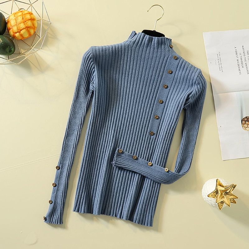 Turtleneck Slim Fit Button Decor Pullover Knitwear Autumn Winter Women Turtle Neck Knit Sweater Casual Long Sleeve Jumper Tops(#Pink)