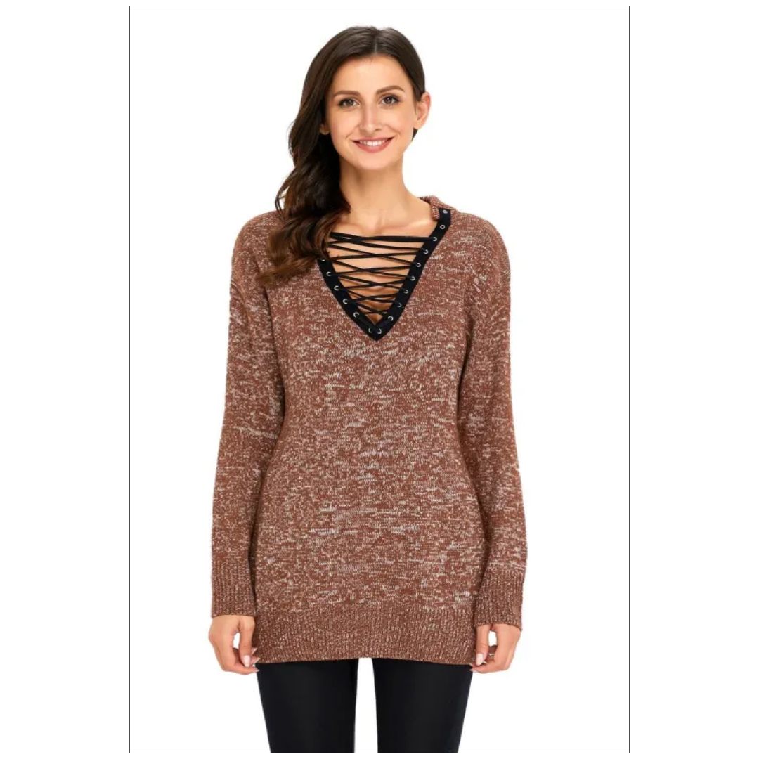 R Brown Criss V Neck Sweater