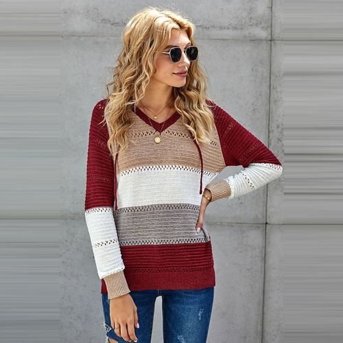 Women Long Sleeve Contrasting Color Loose Hollow Knit Hooded Sweater-Red