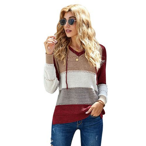 Women Long Sleeve Contrasting Color Loose Hollow Knit Hooded Sweater-Red