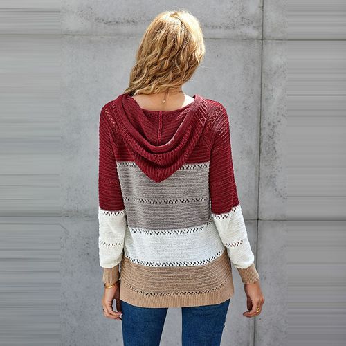 Women Long Sleeve Contrasting Color Loose Hollow Knit Hooded Sweater-Red