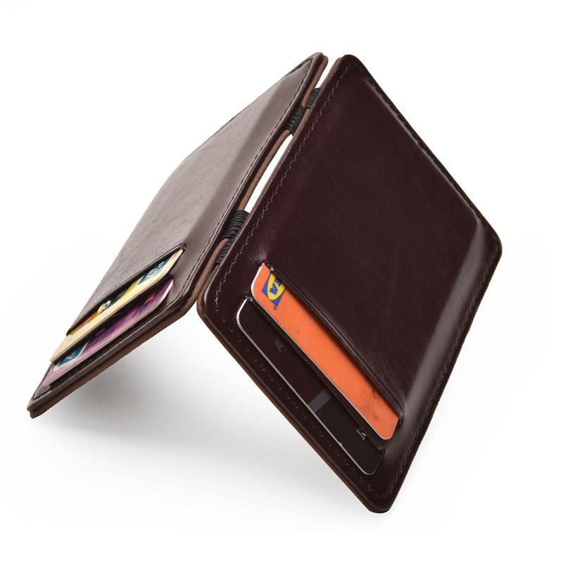 Cartera magica Vertical para hombre nueva delgada pequena de cuero PU con cinta elastica monedero Mini tarjetero solido de identificacion funda para tarjetas de credito-Brown