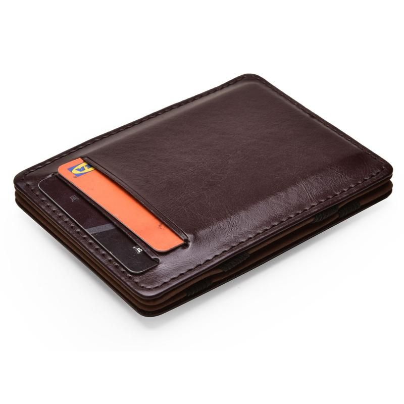 Cartera magica Vertical para hombre nueva delgada pequena de cuero PU con cinta elastica monedero Mini tarjetero solido de identificacion funda para tarjetas de credito-Brown