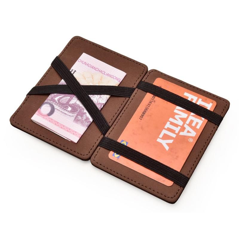 Cartera magica Vertical para hombre nueva delgada pequena de cuero PU con cinta elastica monedero Mini tarjetero solido de identificacion funda para tarjetas de credito-Brown