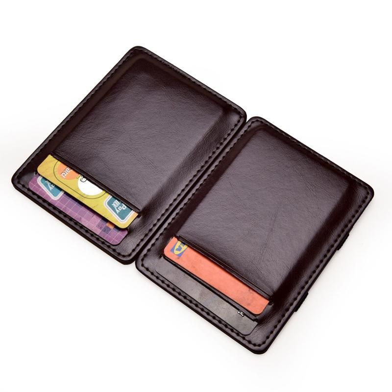 Cartera magica Vertical para hombre nueva delgada pequena de cuero PU con cinta elastica monedero Mini tarjetero solido de identificacion funda para tarjetas de credito-Brown