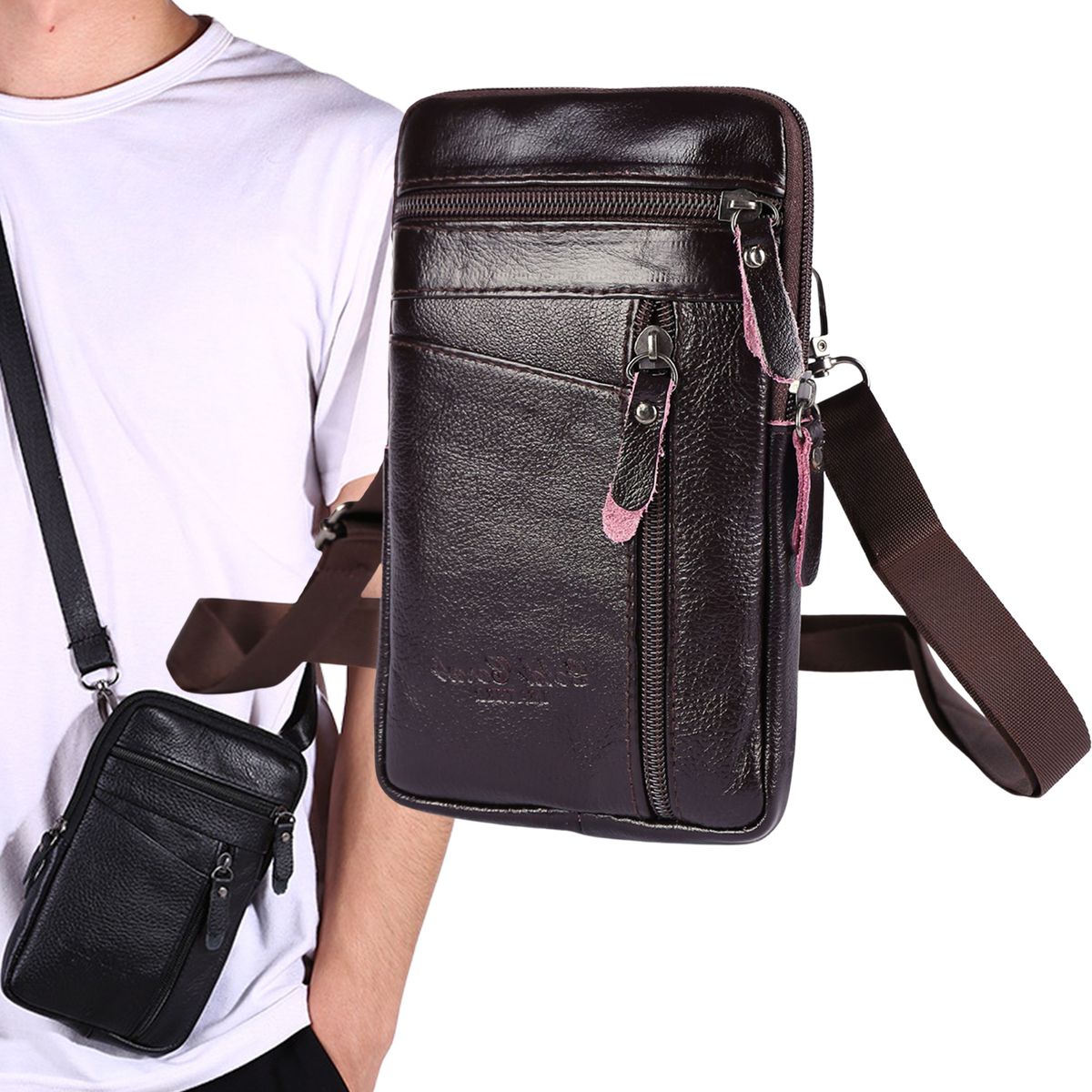 Men's Leather Shoulder Bag Outdoor Sports Mobile Phone Bags Waterproof And Durable Leather Pockets For Business Receipt Wallets