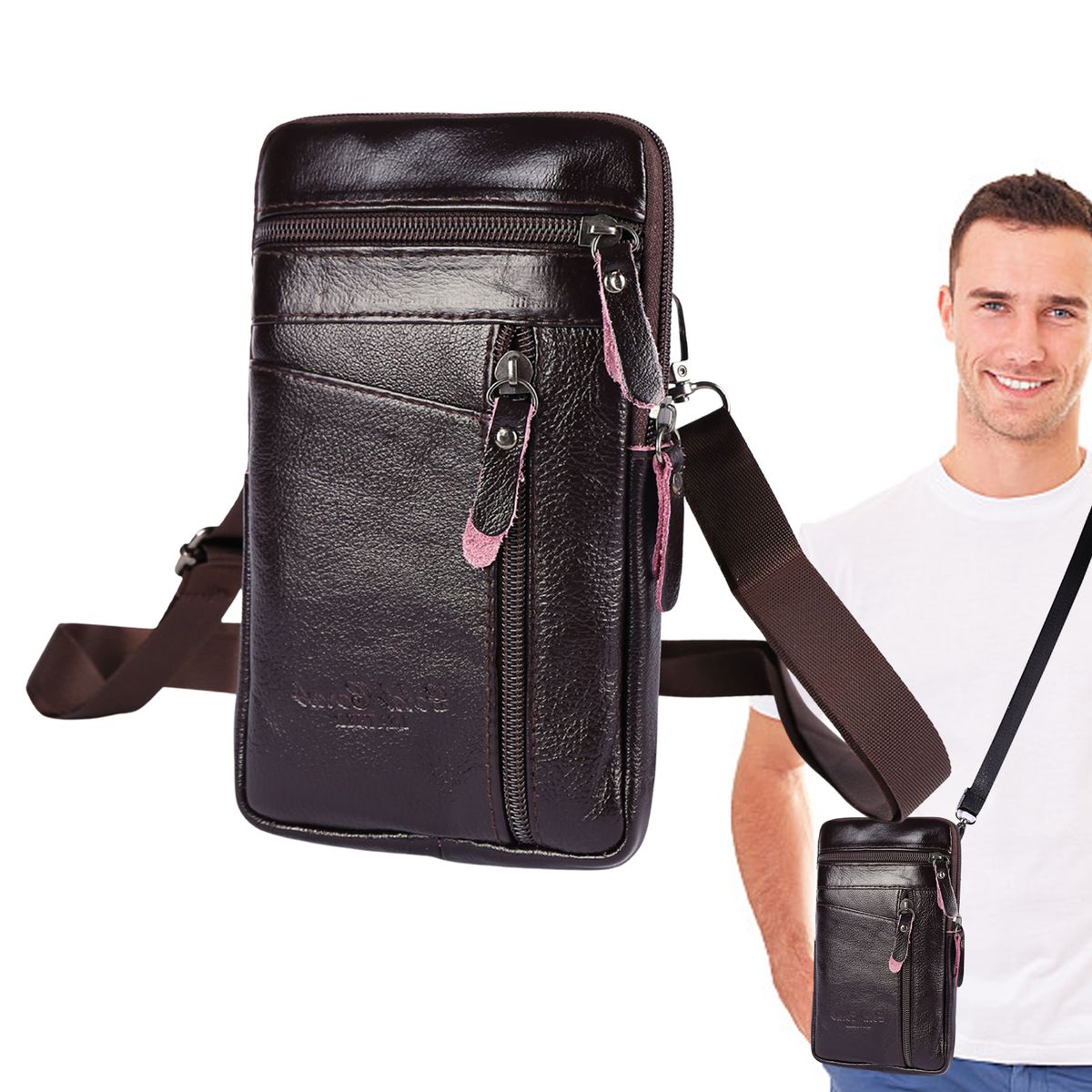 Men's Leather Shoulder Bag Outdoor Sports Mobile Phone Bags Waterproof And Durable Leather Pockets For Business Receipt Wallets