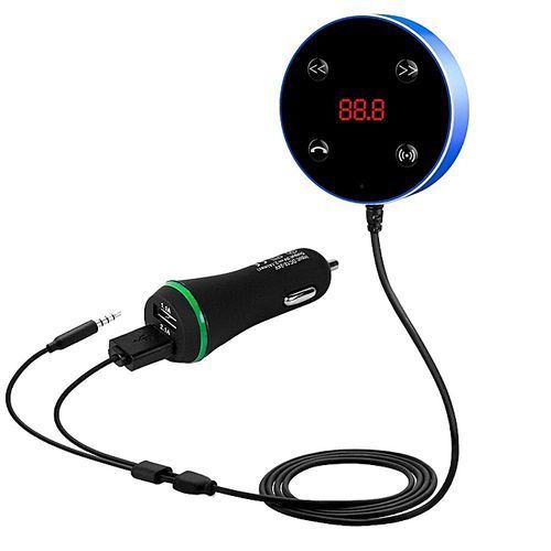 2 In 1 Wireless Bluetooth Car Kit Support Siri AUX Music Audio Receiver Adapter FM Transmitter Hands-free 3.5mm With Dual USB Charger(Blue) By HT