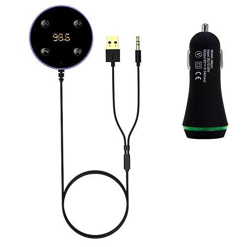 2 In 1 Wireless Bluetooth Car Kit Support Siri AUX Music Audio Receiver Adapter FM Transmitter Hands-free 3.5mm With Dual USB Charger(Blue) By HT