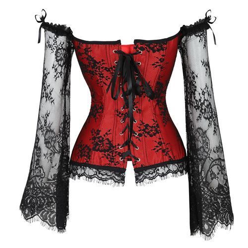 Red Corset Top Waist Shaper Lace Women Steampunk Sexy Long Sleeve Plus Size